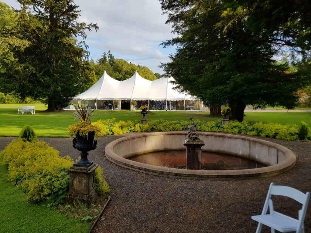 Marquee hire in Perth and Kinross with sun shining on white marquee tent